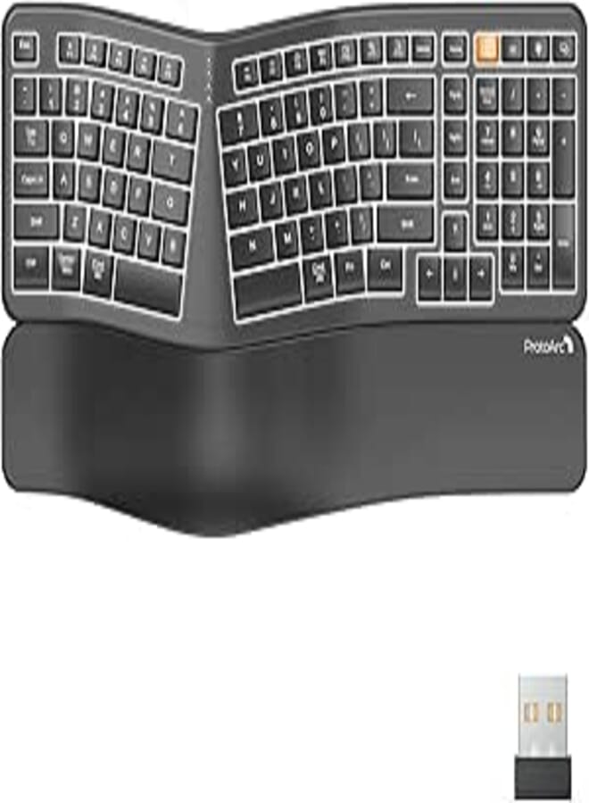 ProtoArc Backlit Wired Ergonomic Keyboard, USB Wired Ergonomic Split Keyboard with Wrist Rest, 104 Keys, Compatible with Desktop, Laptop, Windows, Mac (EK03 Wireless)